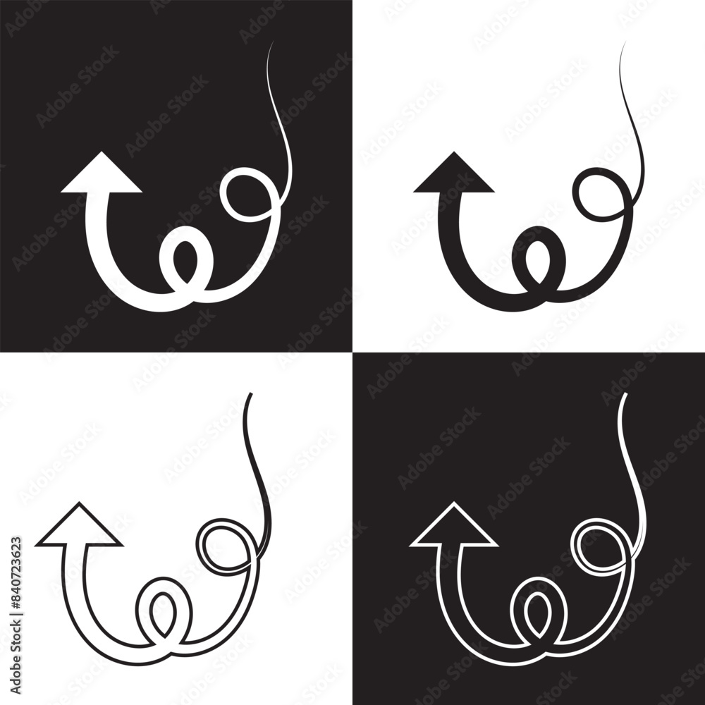 Poster arrow curved vector icon . up pointing sign . left . isolated black and white background . outline a
