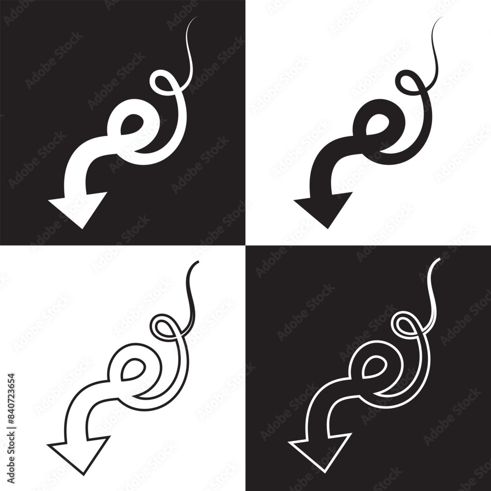 Poster arrow curved vector icon . down pointing sign . left . isolated black and white background . outline