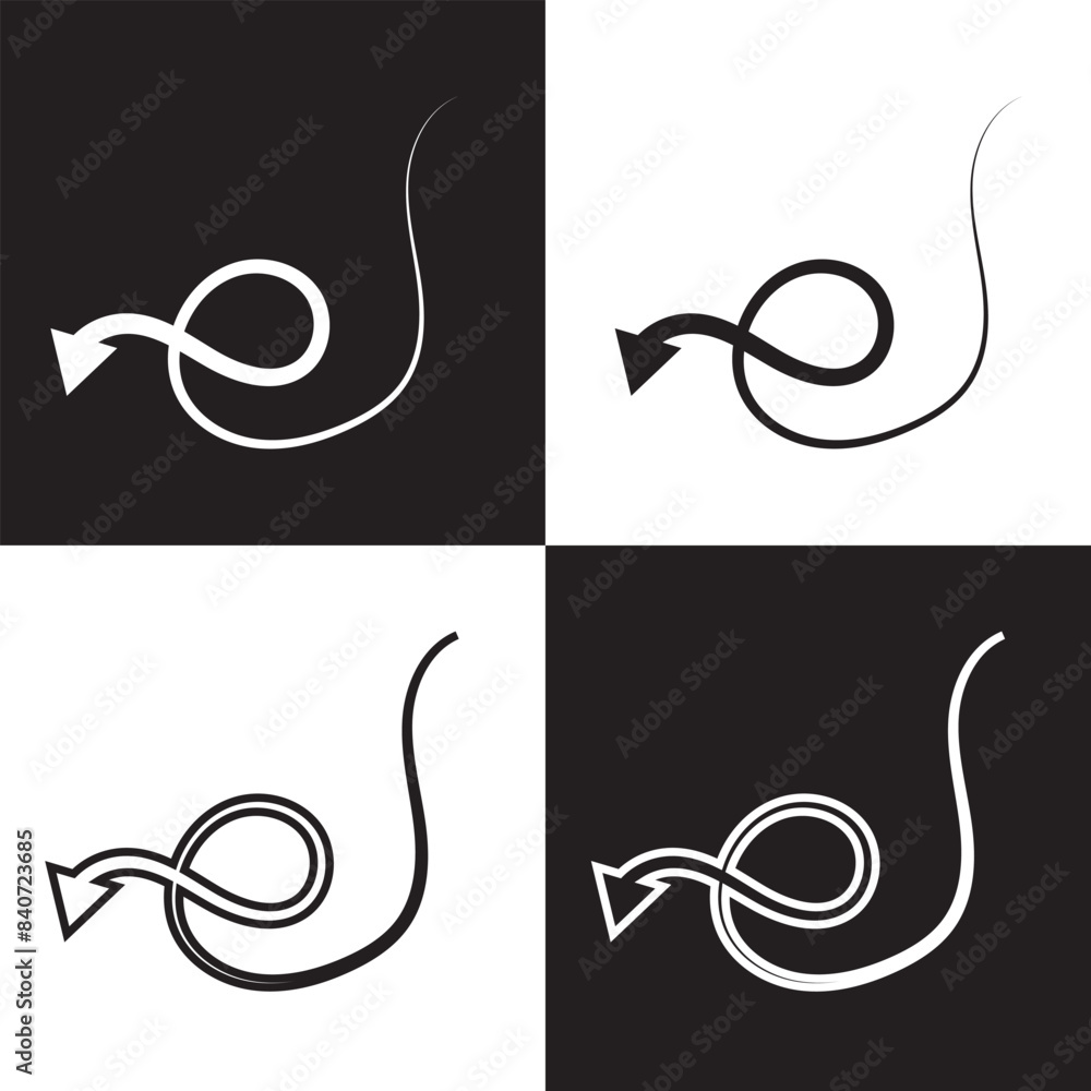 Poster arrow curved vector icon . down pointing sign . left . isolated black and white background . outline