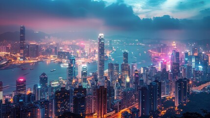 Obraz premium Aerial View of Hong Kong Skyline at Dusk With Vibrant Lights
