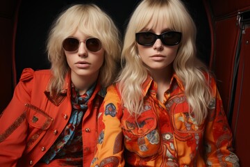 Obraz premium Stylish twins in chic attire posing with cool sunglasses against a dark backdrop
