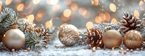 Golden Christmas Ornaments With Pine Cones on Snowy Surface