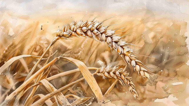 Closeup of a withered wheat stalk in a parched field, illustrating the grain crisis, watercolor illustration 