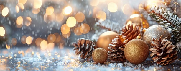 Golden Christmas Ornaments With Pine Cones on Snowy Surface