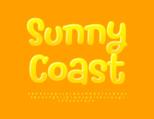 Vector summer banner Sunny Coast. Playful Glossy Font. Funny Yellow Alphabet Letters and Numbers set.