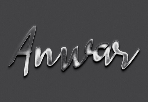 Chrome metal 3D name design of Anwar on grey background.