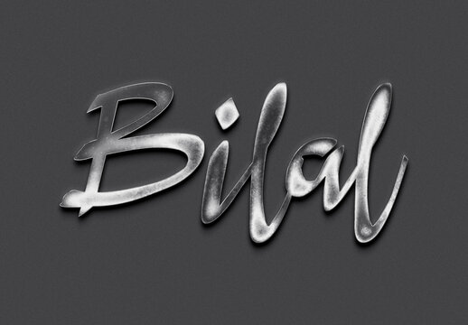 Chrome metal 3D name design of Bilal on grey background.