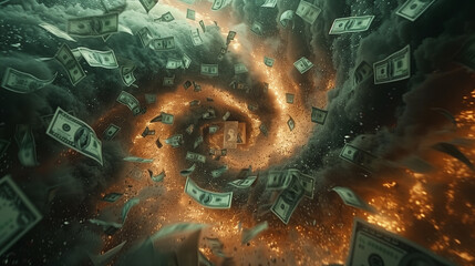 Surreal image of a money tornado swirling through fire and smoke, representing economic chaos and financial turbulence.