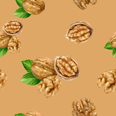 This is a seamless watercolor pattern featuring walnuts in shells and halves on a brown background