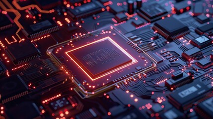 Obraz premium Digital glowing motherboard chip. Concept of central computer processors.