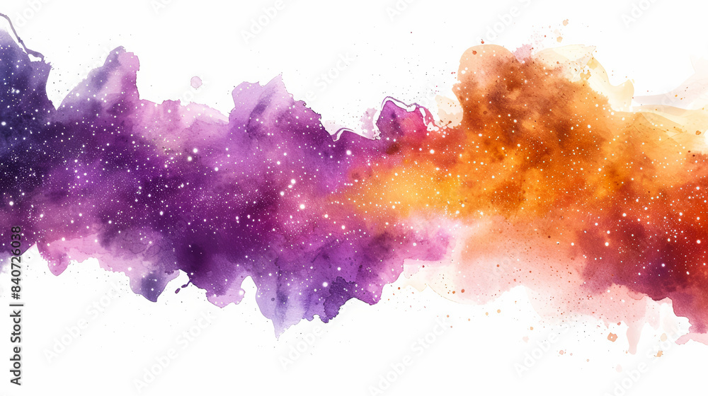 Wall mural cosmic watercolor background with gradient purples and oranges, abstract star clusters, wispy nebula