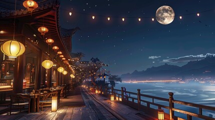 a luxury hotel overlooking Lake, where the high-definition starry sky and full moon cast a spellbinding ambiance under the bright lights.