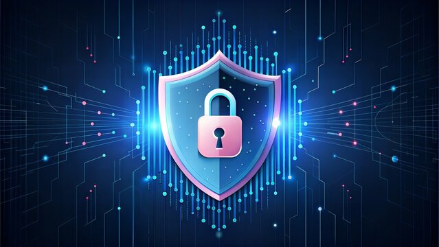 Shield with digital lock symbol, dark background, binary code overlay, secure and modern, tech protection