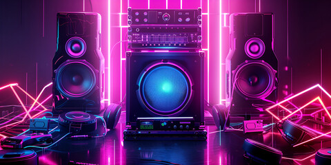 Vivid 3D Illustration of a Modern DJ Mixer with Neon Lights in Stunning Detail
