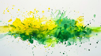 Energetic abstract watercolor splash in green and yellow on a white background, medium shot 
