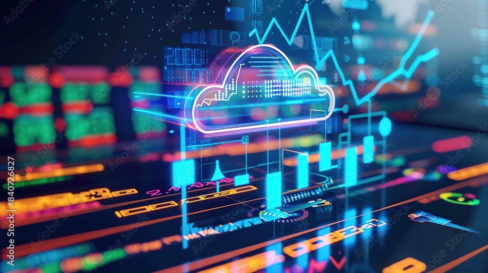 Poster cloud data storage or data center futuristic neon light. digital technology background.