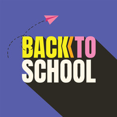 Back to school bold 3d typography illustration with a paper airplane on blue background. Back to school template, poster, banner. Back to school headline logo vector art.