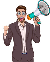 Naklejka premium Business man screaming announce with megaphone In Retro Vintage Pop Art Comic Style