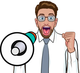 Business man screaming announce with megaphone In Retro Vintage Pop Art Comic Style