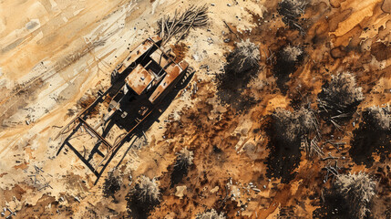 Overhead shot of abandoned farming equipment in a barren plantation, illustrating the effects of drought, watercolor illustration 