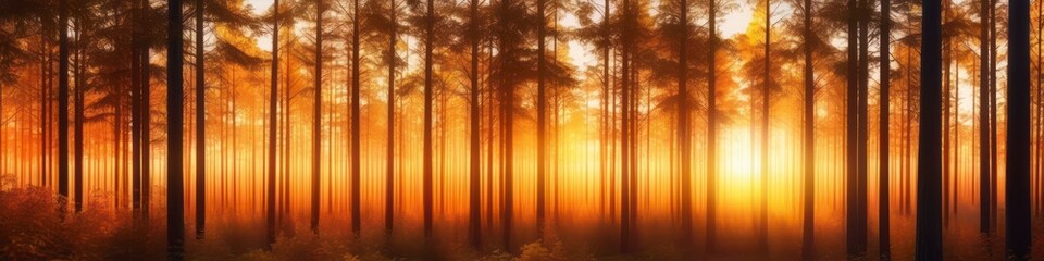 This abstract background captures the hazy enchantment of an autumn forest at dawn, with blurred trees shrouded in a misty golden light that whispers of the season's tranquility.