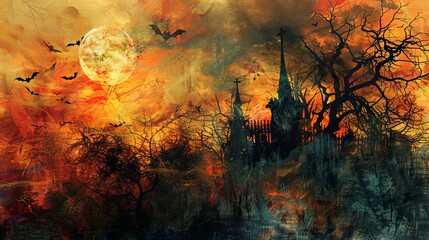 Fototapeta premium Halloween scene features a dark, gothic castle silhouetted against a fiery sunset with bats flying in the sky