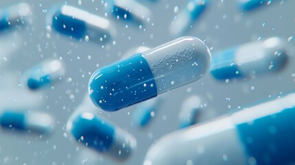Close-Up of Blue and White Capsule Pills on Minimalist White Background Emphasizing Healthcare, Medicine, and Pharmaceutical Concepts