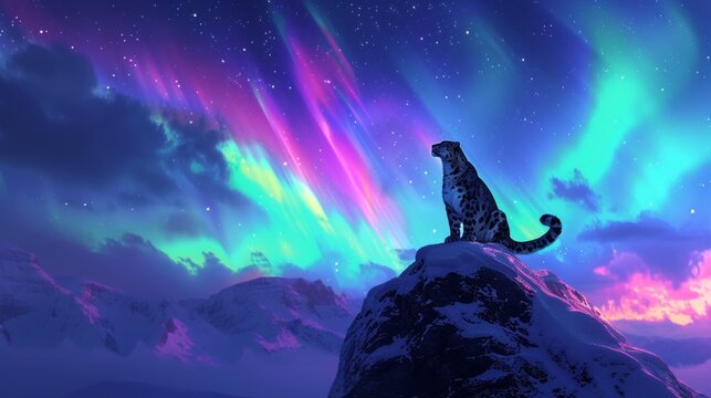 Snow leopard in wild snow field with beautiful aurora northern lights in night sky with snow forest in winter. - Powered by Adobe