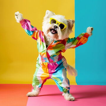 Happy dog with sunglasses and colorful fashion outfit dancing on dual colour background with copy space. Fun night party animal creative concept. Generative AI.