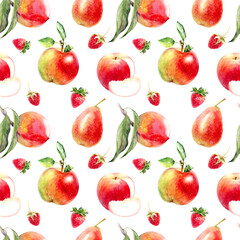 Watercolor fruit pattern with apples, pears, and strawberries for a vibrant background or print
