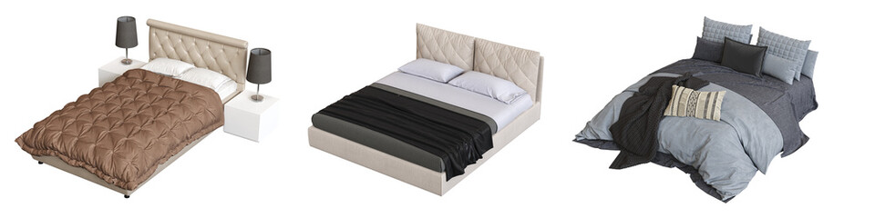 double bed isolated on white background, furniture for the bedroom interior, 3D illustration, cg render