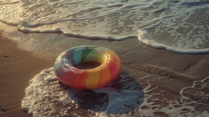 Obraz premium an inflatable ring on the beach, with waves and sand depicted, The background is a sandy shore with soft ripples and a gentle flow of water.