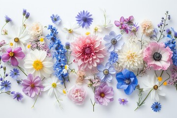 Colorful, diverse blossoms., beautifully crafted collection of flowers forming a random bunch on a white background