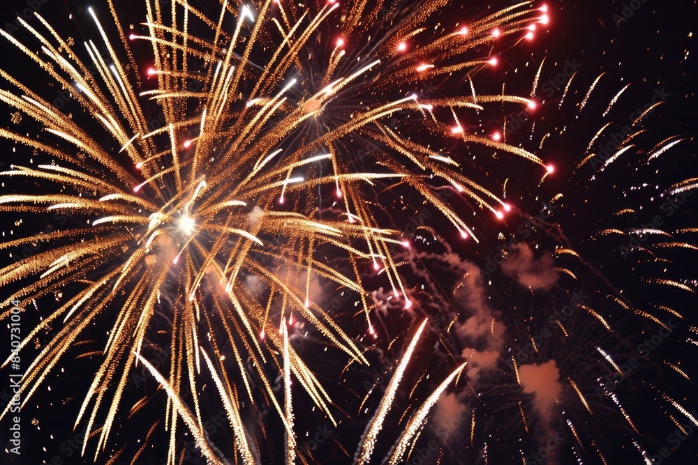 Poster bright, sparkling firework explosion, captivating scene of fireworks bursting into radiant patterns 