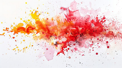Fototapeta premium Vibrant abstract watercolor with splashes of red, orange, and yellow on a white background, wide-angle view 
