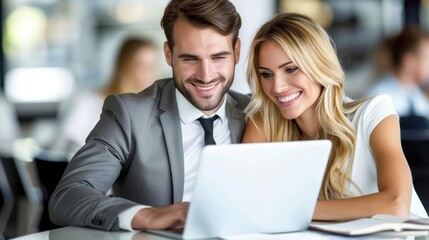 Fototapeta premium A man and a woman smile as they work together on a laptop in an office
