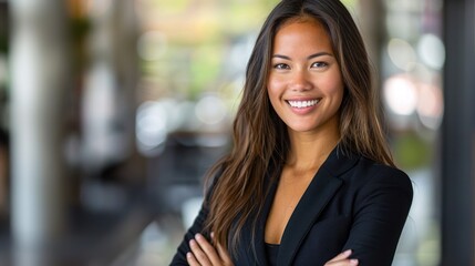Fototapeta premium A young woman with long brown hair smiles confidently, arms crossed, against a blurry city background