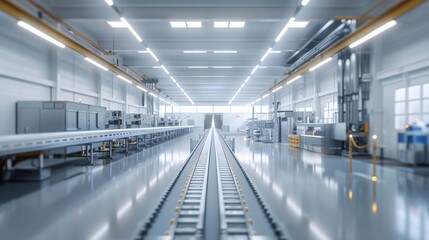 Fototapeta premium Modern automated factory floor with conveyor belt system in operation