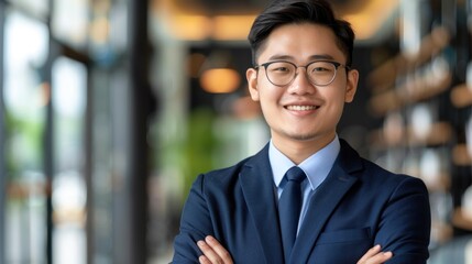 A young man in a suit, smiling, standing in an office setting with his arms crossed