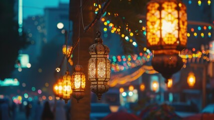 Vintage-style illuminated hanging lanterns, cityscape with illuminated lanterns lining the streets during Ramadan