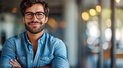 Obraz premium A man with a beard and glasses smiles confidently, arms crossed, in a modern cafe setting