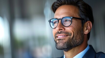 Obraz premium A man in a business suit looks out a window with a hopeful expression on his face
