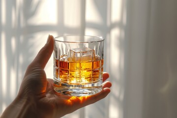 Elegant hand holding a crystal glass of Sazerac cocktail with a white background
