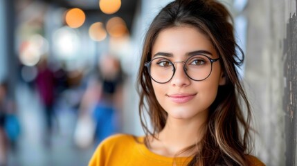 A young woman with long brown hair, wearing round glasses and a yellow shirt, smiles as she leans against a wall