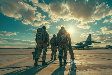 Military crew on airfield for pre-flight check in sunny weather