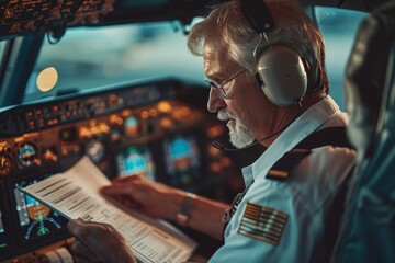 Senior pilot in cockpit reviewing aircraft manual before flight