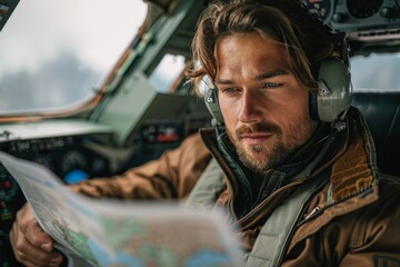 Focused pilot reviewing a navigation chart in aircraft cockpit