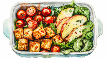 Wide-angle shot of a healthy lunch box with a tofu stir-fry, cherry tomatoes, and apple slices, isolated on a white background, watercolor illustration 