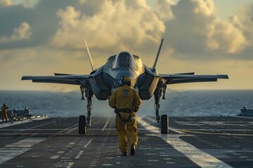 Ground crew guiding a state-of-the-art F-35 jet during an aircraft carrier landing