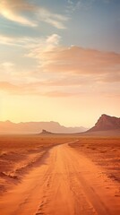 desert, A backdrop showing a vast and desolate area, divided by a wide dirt road stretching towards the distant horizon.